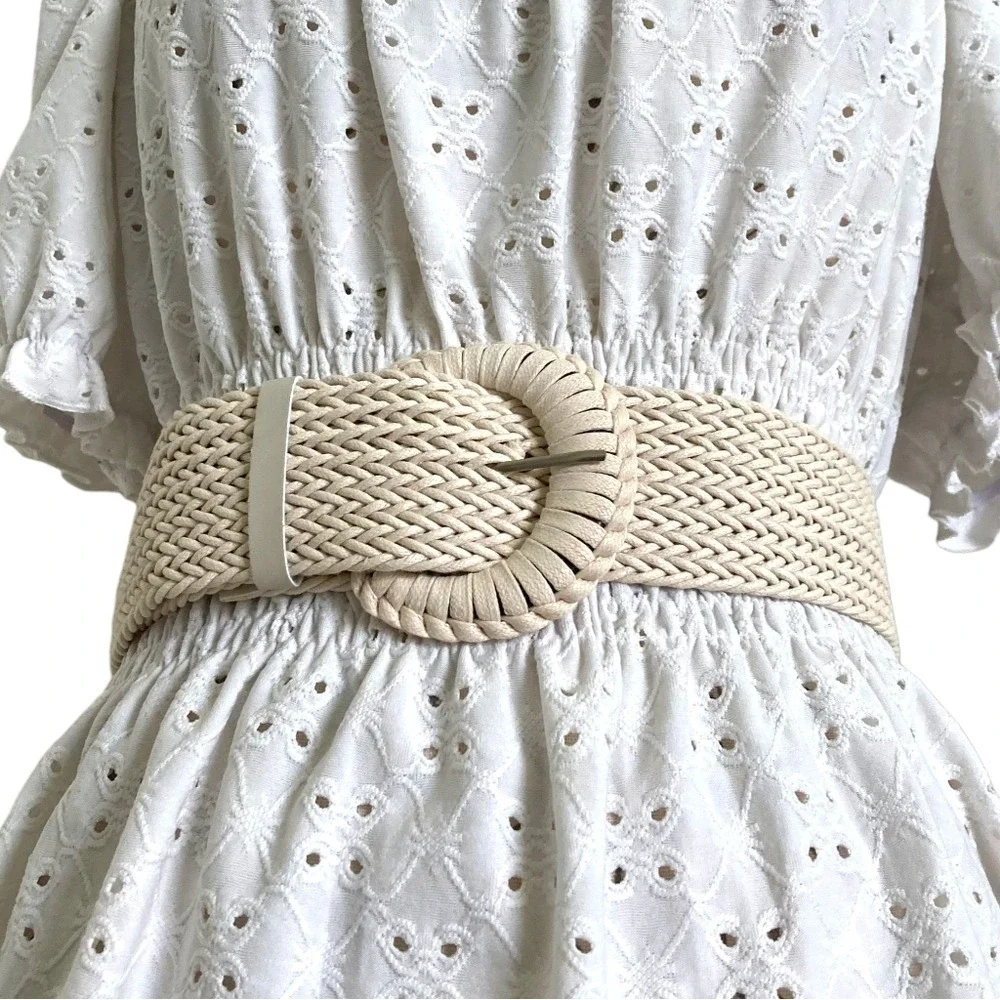 Natural Woven Faux Straw Wide Waist Belt Chunky Round Buckle Cottage Boho summer